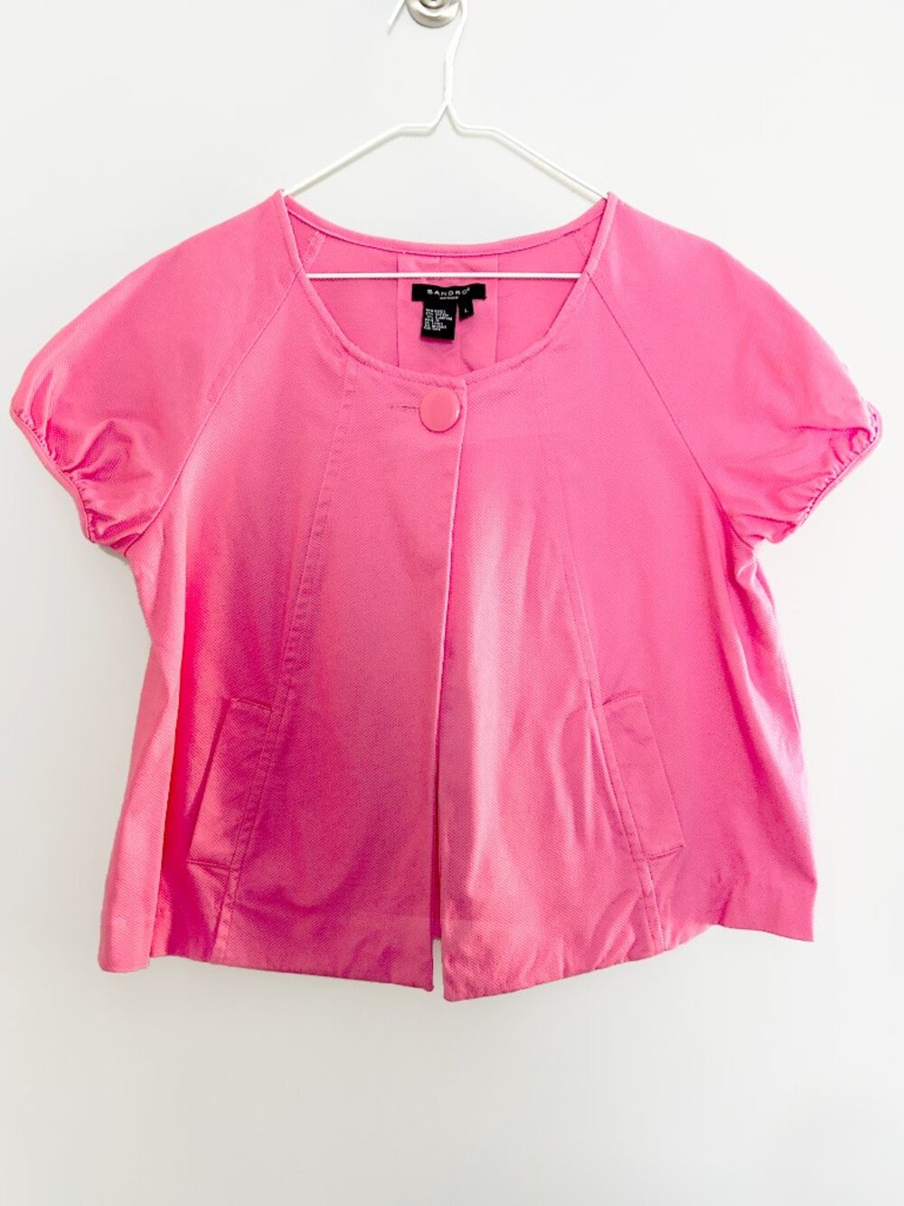 Sandro Sportswear Pink Cropped Swing Jacket Puff Sleeve Single Button Size Large